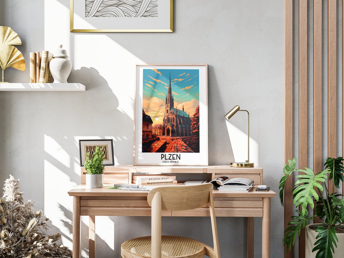 Plzen Czech Republic Gothic Cathedral Spire Sunset Glow Travel Poster - Image 3