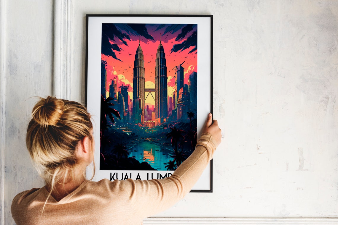 Kuala Lumpur Malaysia Petronas Towers Retro Sunset Travel Poster - Image 2