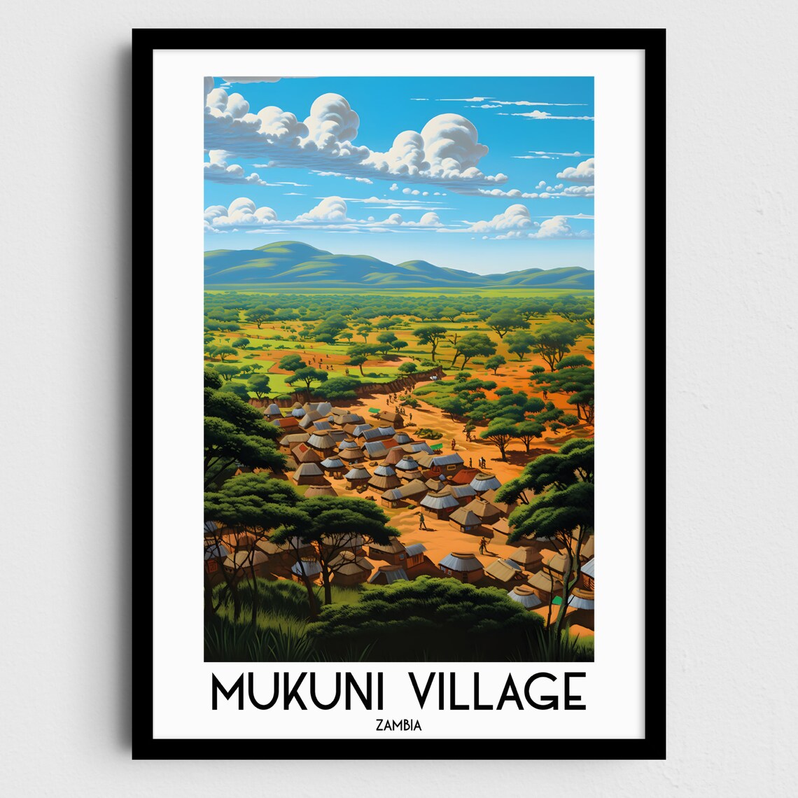 Mukuni Village Traditional Thatched Huts Savanna Zambia Travel Poster