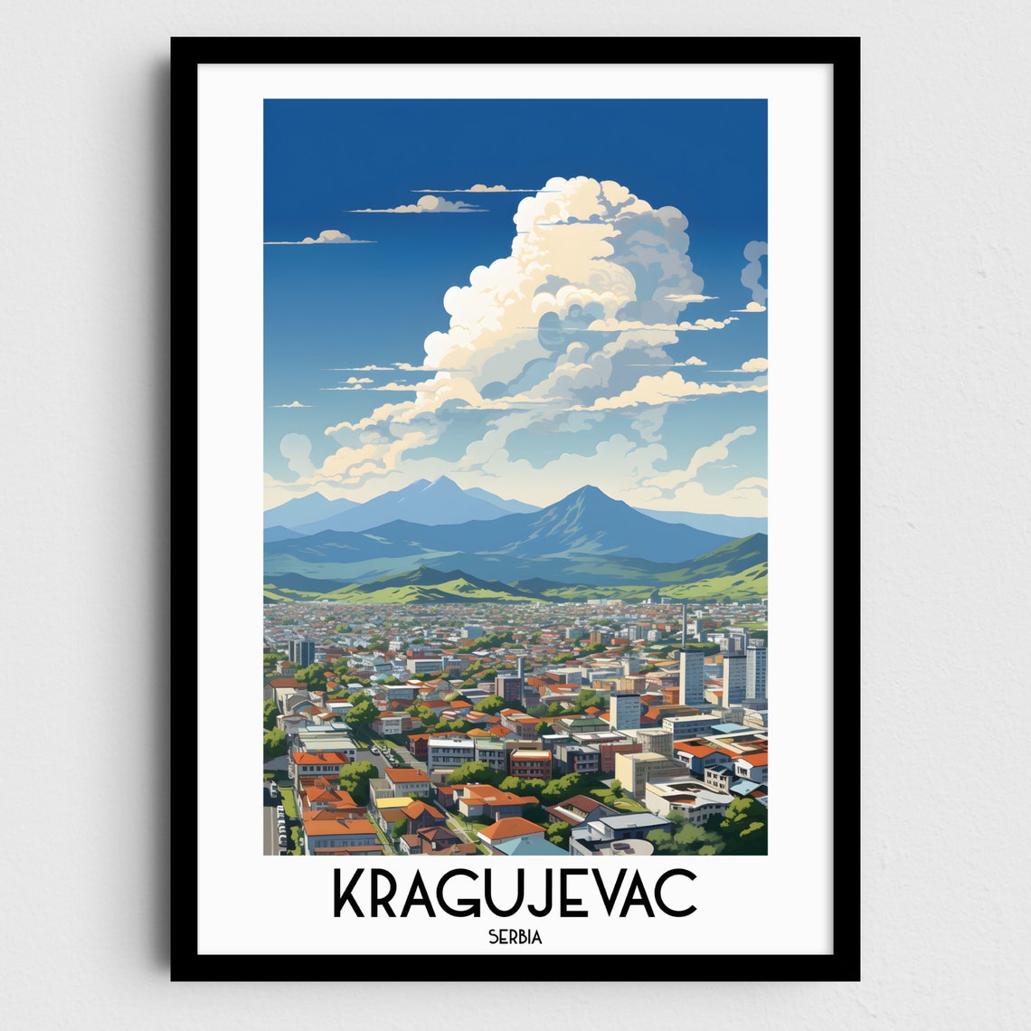 Kragujevac Serbia Red Rooftops Blue Mountains Balkan Travel Poster
