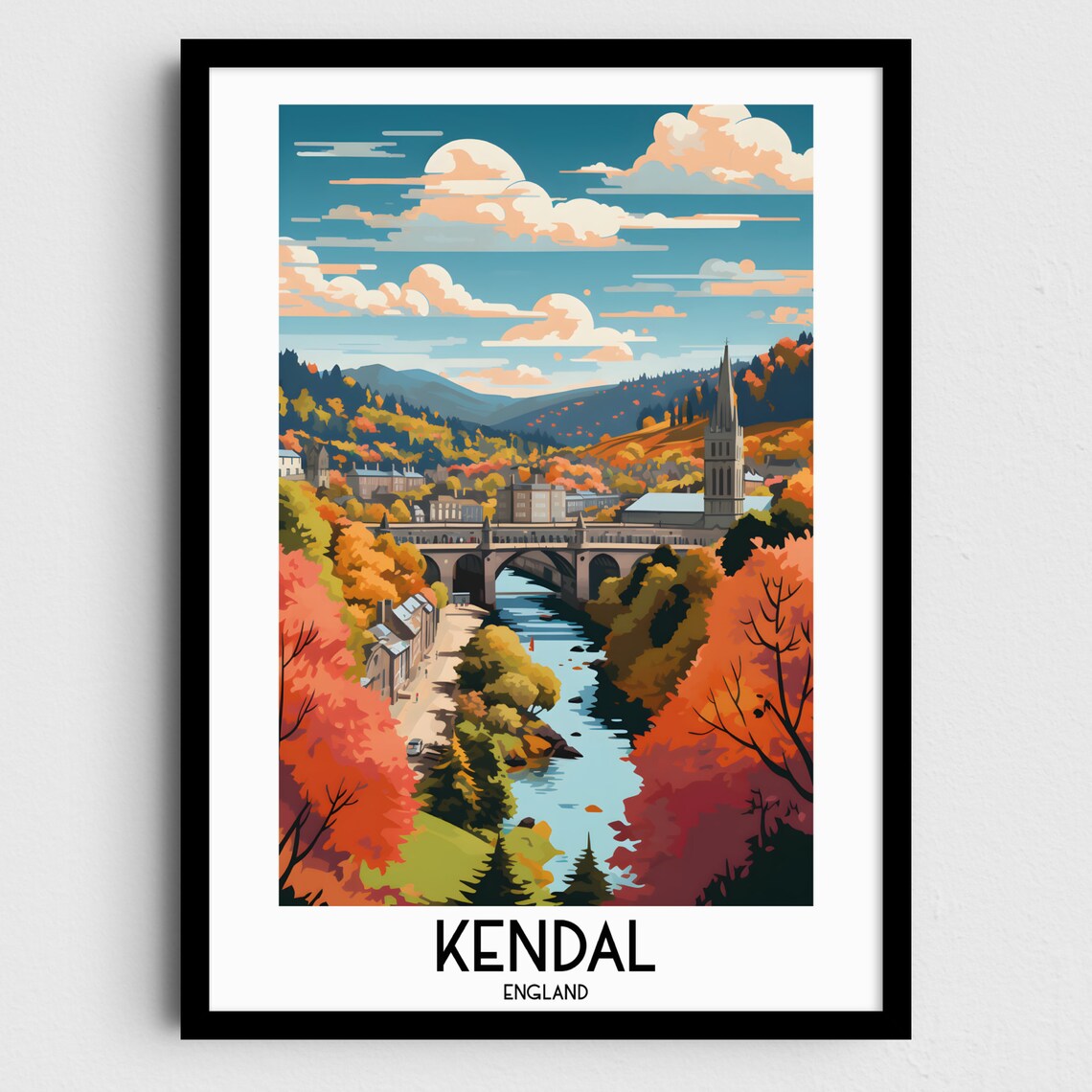Kendal England River Bridge Church Autumn Hills Travel Poster