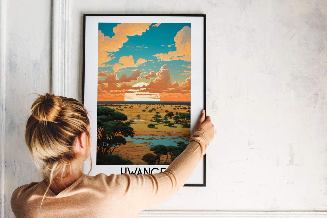 Hwange Savanna Sunset Acacia Trees Waterhole National Park Travel Poster - Image 2