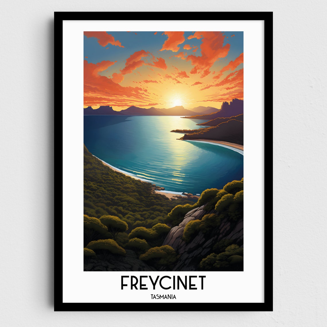 Freycinet Tasmania Coastal Sunset Bay Cliffs Seascape Travel Poster
