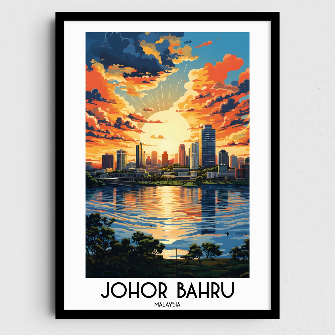 Johor Bahru Malaysia Fiery Sunset City Skyline Waterfront Poster