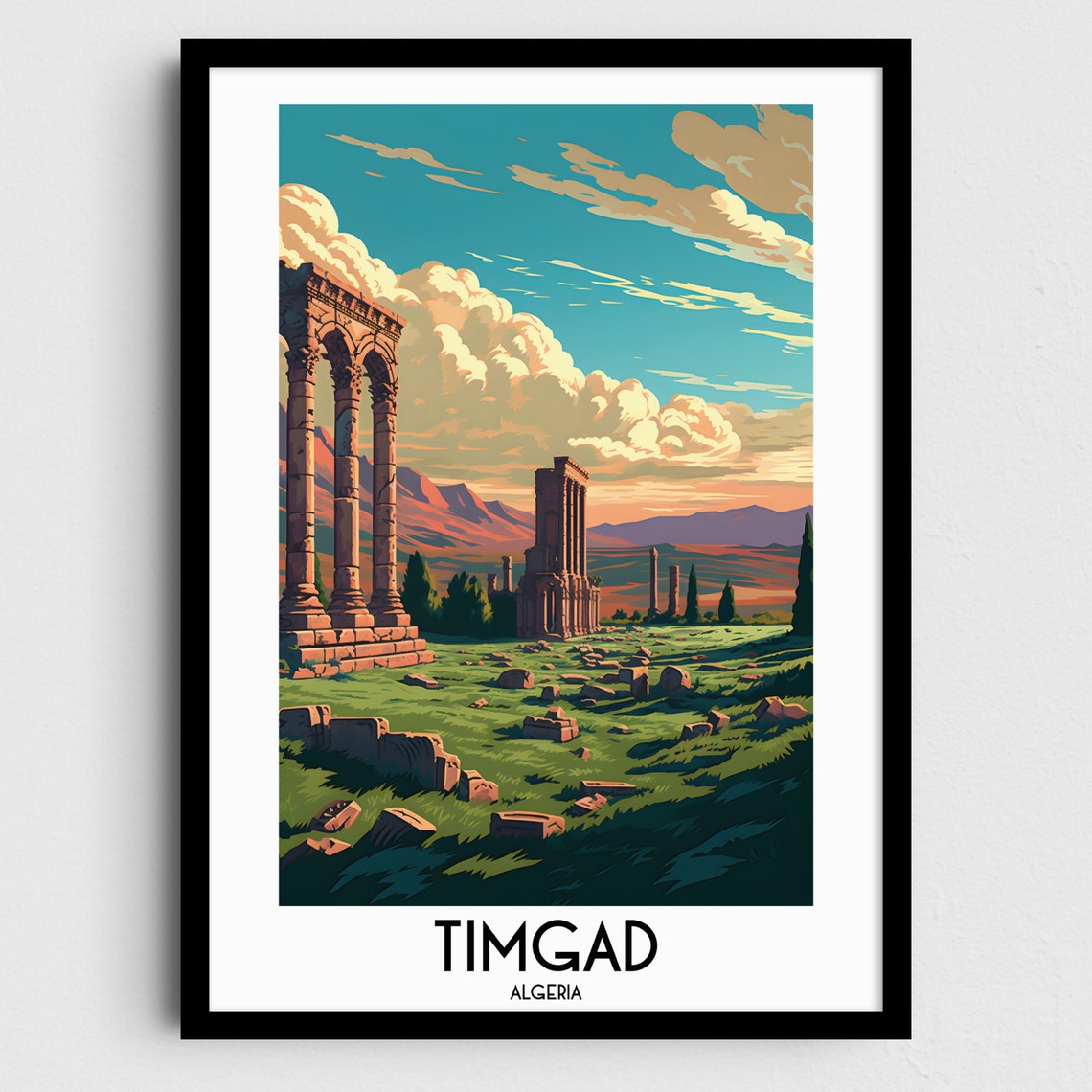 Timgad Algeria Ancient Ruins Columns Sunset Vintage Travel Poster