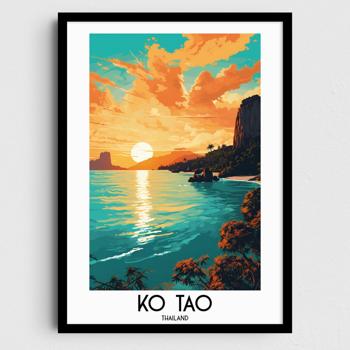 Ko Tao Thailand Sunset Sea Cliffs Tropical Travel Art Poster