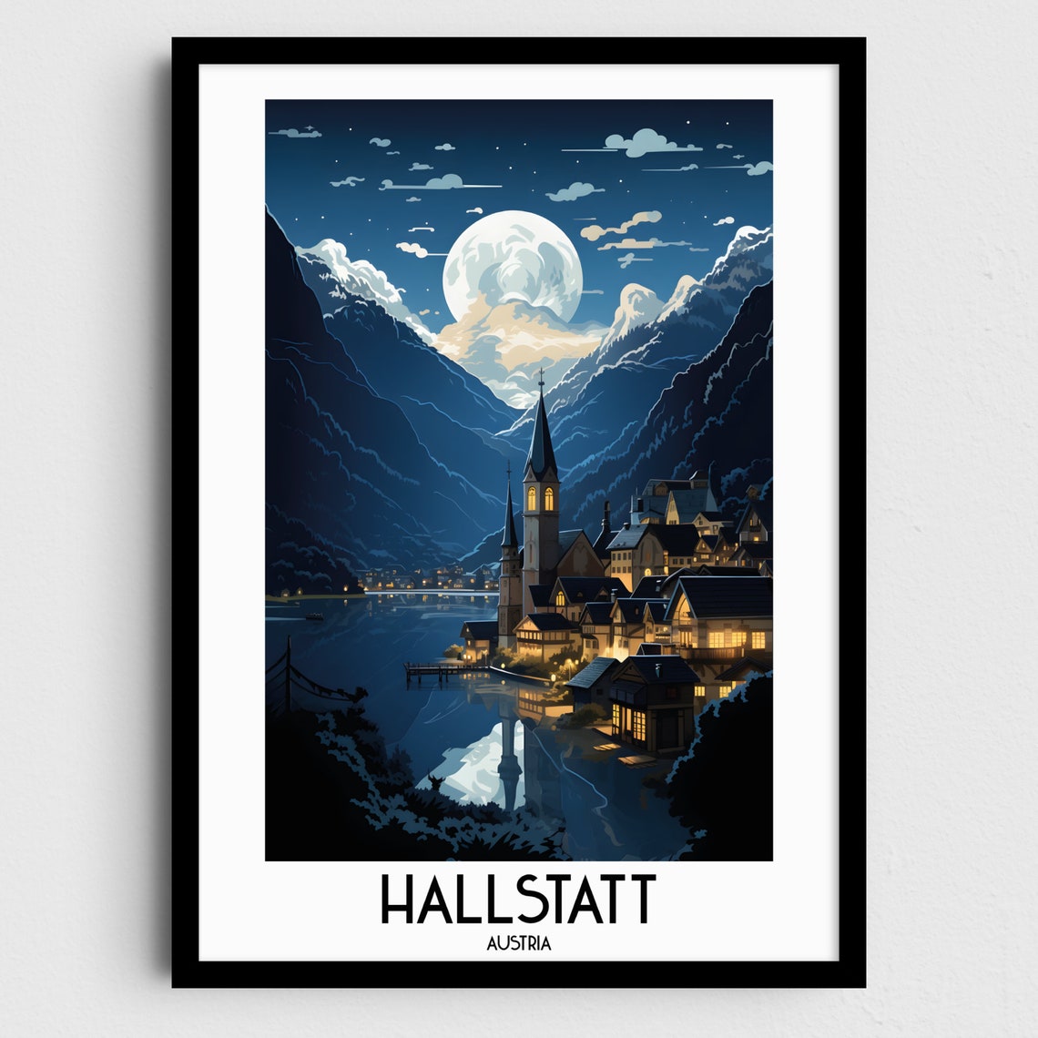 Hallstatt Austria Moonlit Alpine Village Lake Night Travel Poster