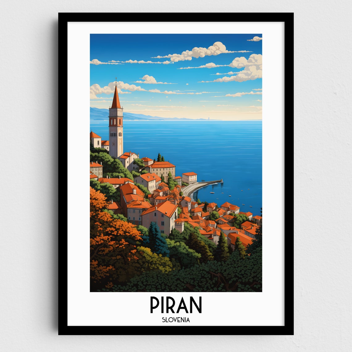 Piran Slovenia Church Tower Red Roofs Adriatic Bay Travel Poster
