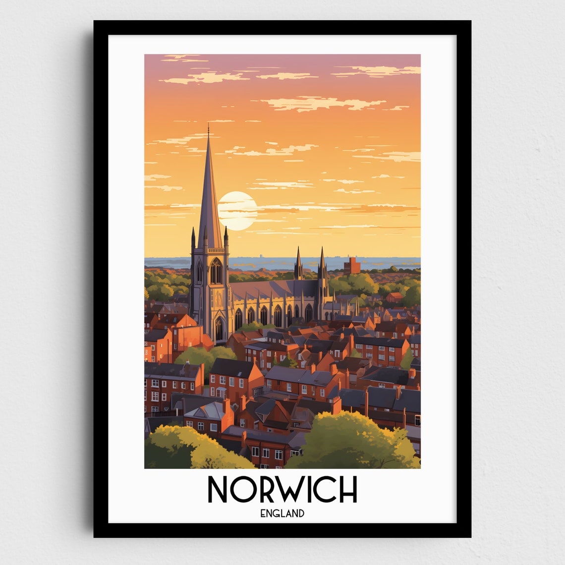 Norwich England Cathedral Sunset City Skyline Travel Art Poster