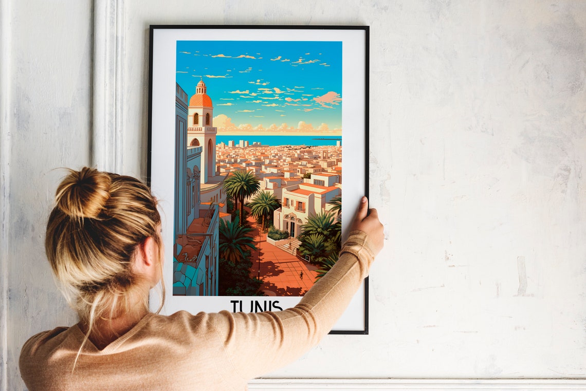 Tunis Tunisia Whitewashed Medina and Minaret Skyline Travel Poster - Image 2
