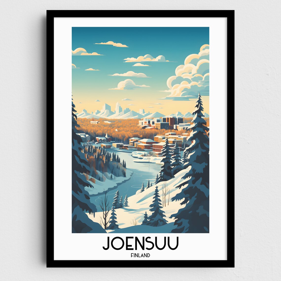 Joensuu Finland Snowy River Town Winter Nordic Forest Travel Poster