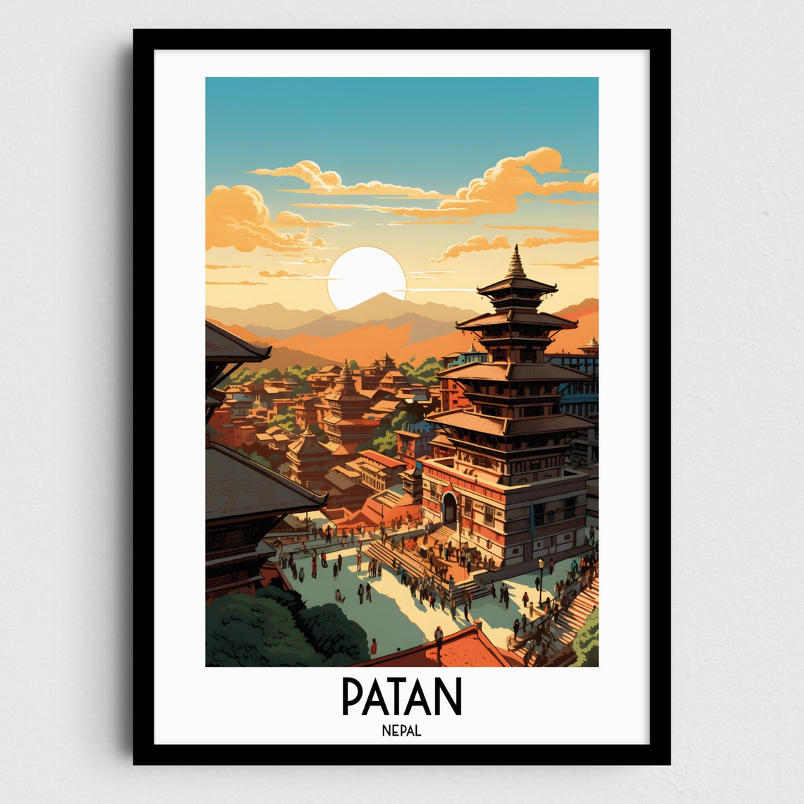 Patan Pagoda Temples Golden Sunset Square Nepal Vintage Travel Poster