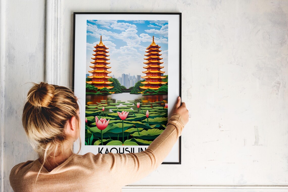 Kaohsiung Taiwan Twin Pagodas Temple Lake Lotus Pond Travel Poster - Image 2