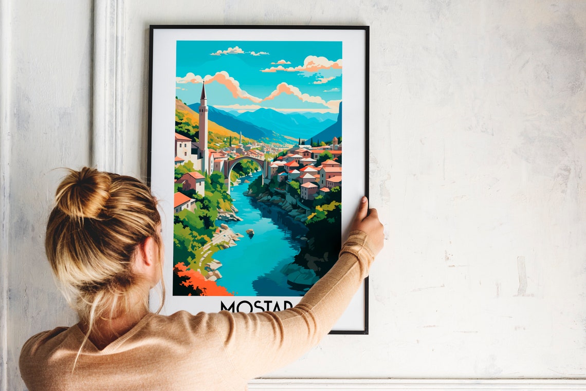 Mostar Old Stone Bridge River Valley Bosnia Herzegovina Travel Poster - Image 2