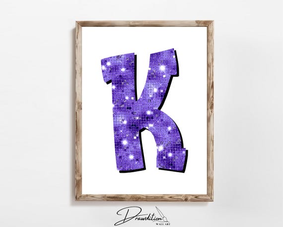 Disco Indigo Letter K Print Purple Trendy Personalized Monogram Wall Art Disco Cowgirl Dorm Decor Preppy Poster Teen Room