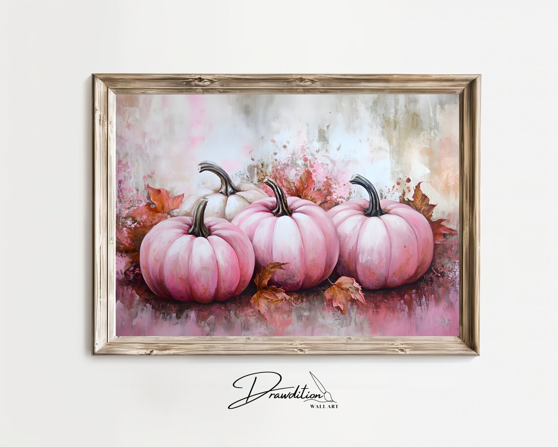 Pink Pumpkins Fall Harvest Autumn Floral Seasonal Oil Painting Print