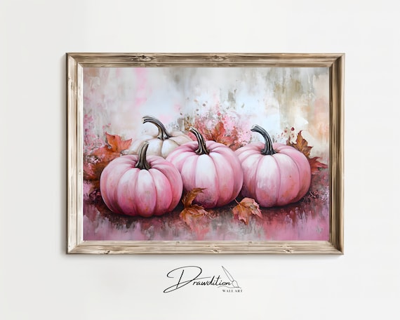 Pink Pumpkins Fall Harvest Autumn Floral Seasonal Oil Painting Print