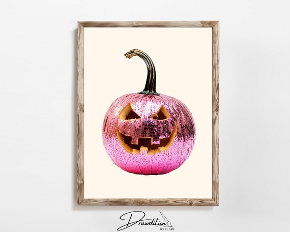 Pink Sequin Glitter Jack O Lantern Pumpkin Cute Smile Halloween Wall Art