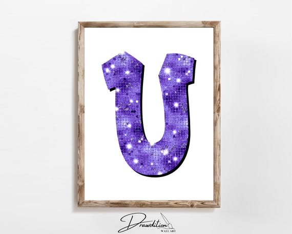 Disco Indigo Letter U Print Purple Trendy Personalized Monogram Wall Art Disco Cowgirl Dorm Decor Preppy Poster Teen Room