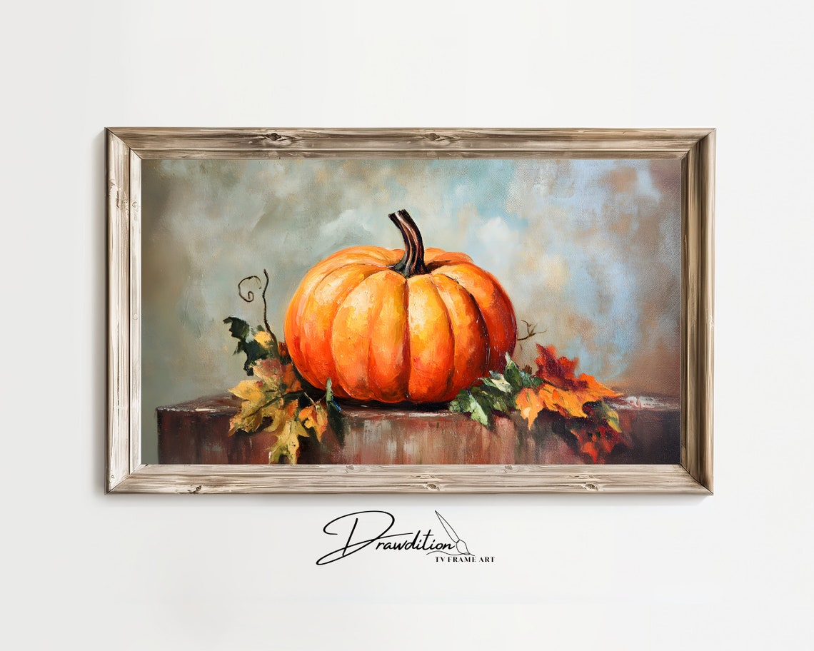 Orange Pumpkin Fall Harvest Still Life Autumn Leaves Wall Art Print