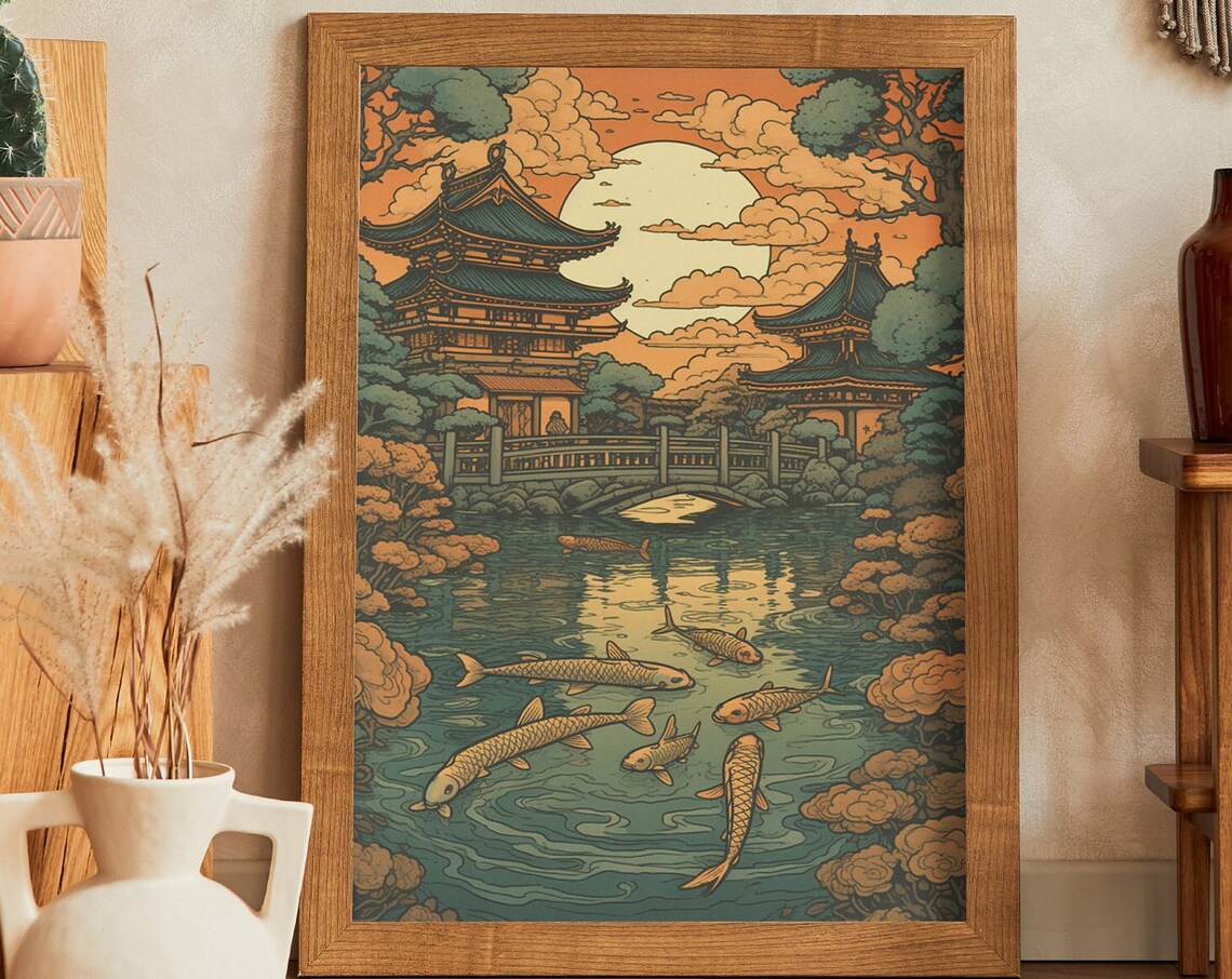 Japanese Woodblock Style Koi Pond Temple Garden Sunset Art Print