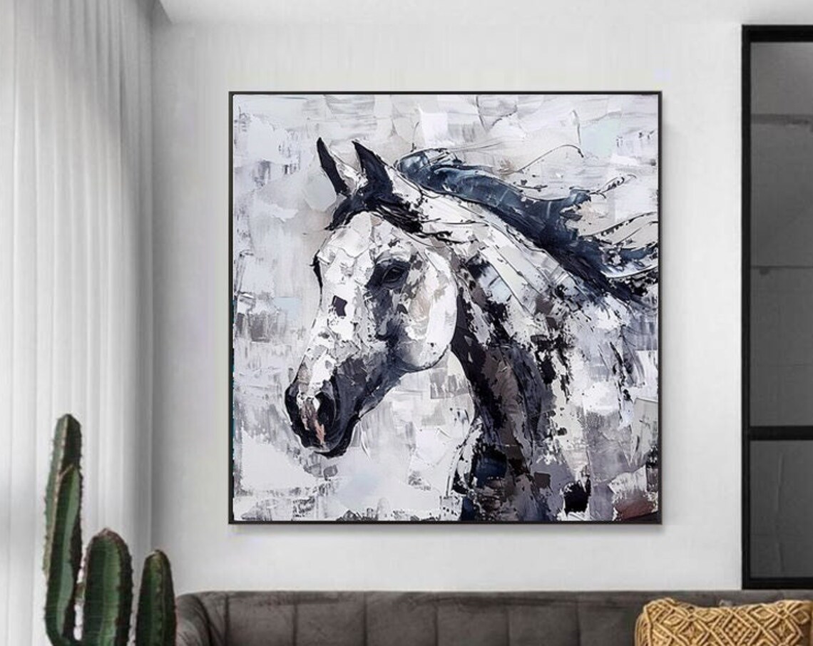 Gray White Horse Portrait Thick Palette Knife Expressive Art Poster - Image 5