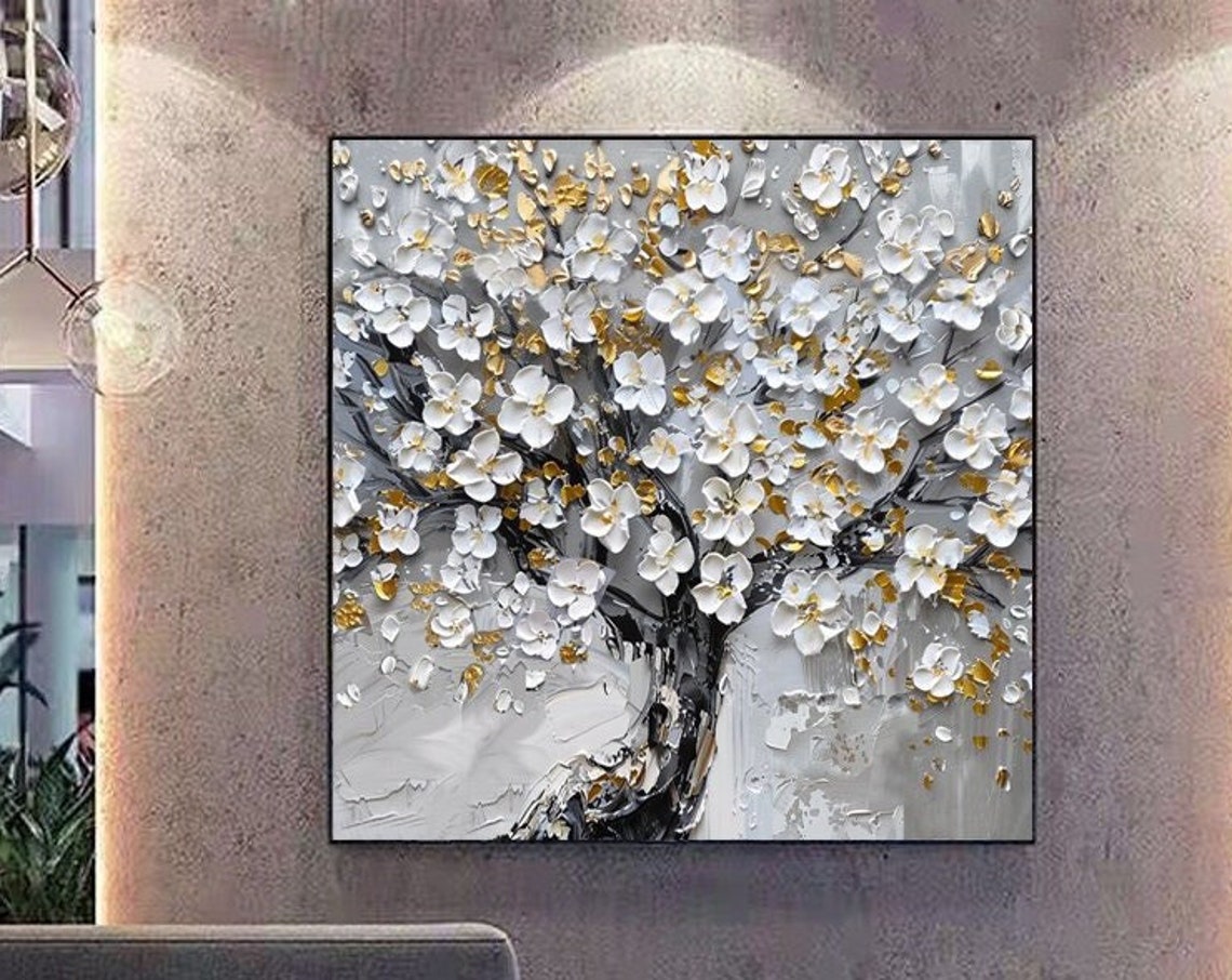 Tall White Cherry Blossom Tree With Golden Leaves Square Poster - Image 4