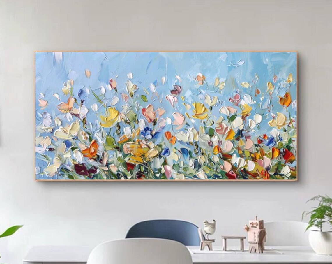 Colorful Wildflower Meadow On Sky Blue Floral Painting Art Poster