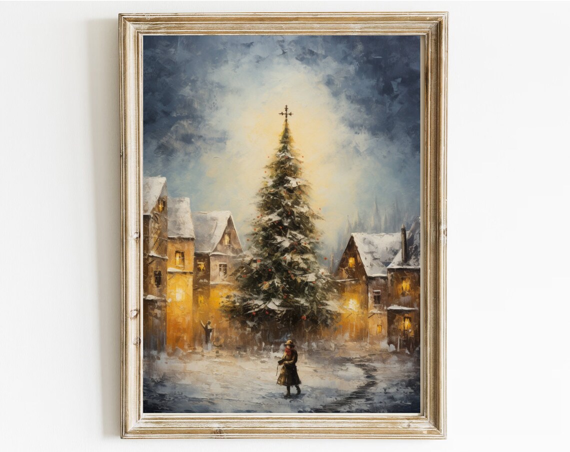 Village Square Christmas Tree Snowy Night Oil Painting Poster