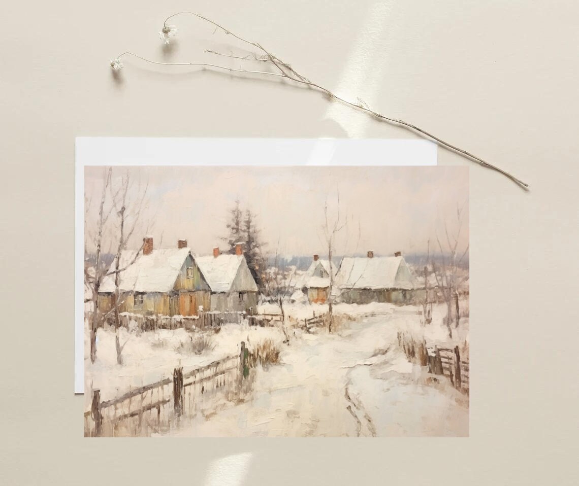Snowy Village Cottages Wooden Fence Rustic Winter Scene Poster - Image 2