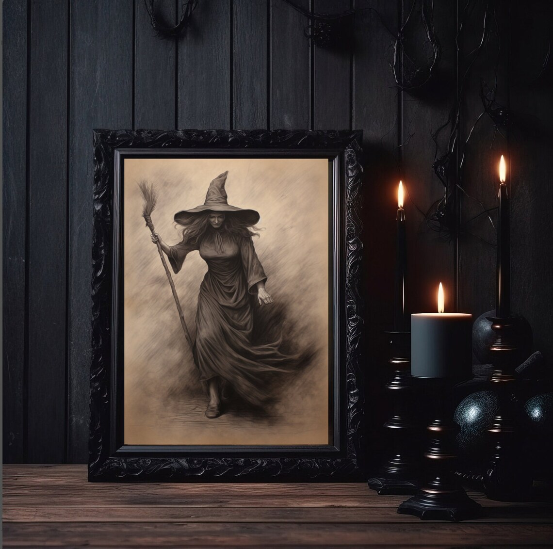 Tall Hat Witch With Broom Charcoal Sketch Vintage Witchy Halloween Poster - Image 3