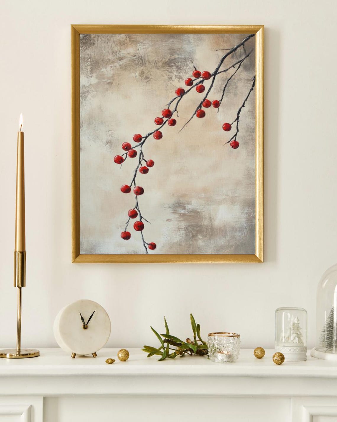 Red Winter Berry Branch On Beige Textured Vintage Style Art Print - Image 3