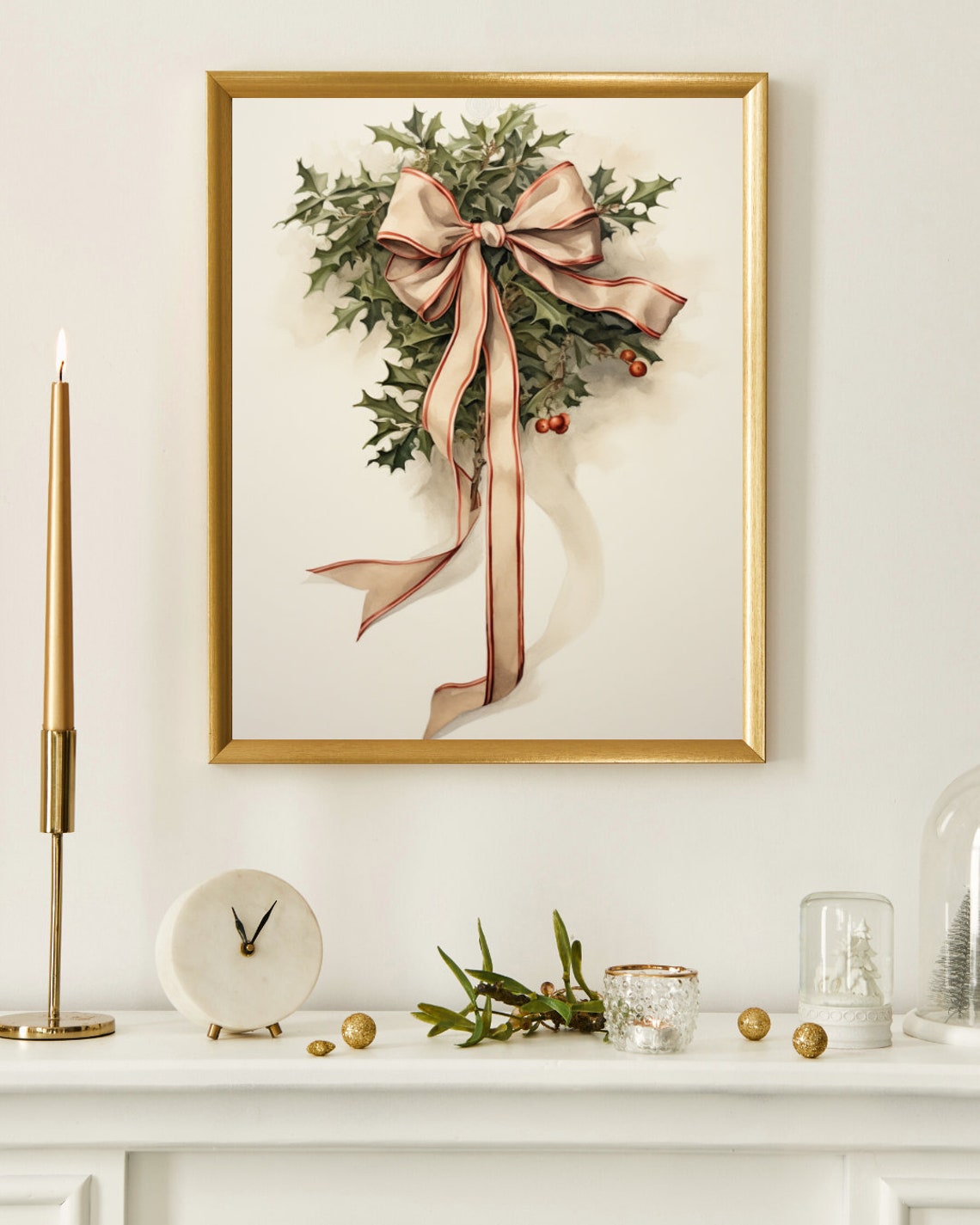 Holly Sprig With Beige Satin Bow Berries Vintage Christmas Art Print - Image 4