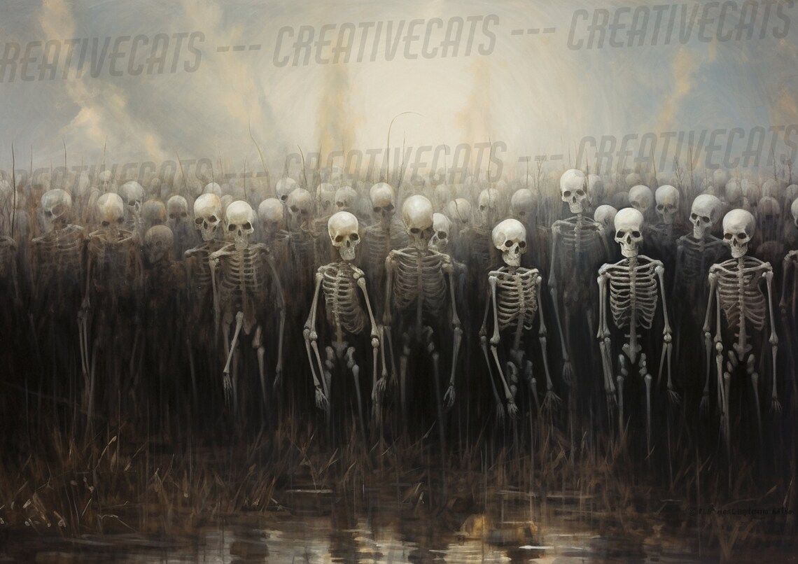 Skeleton Army Misty Field Eerie Oil Painting Dark Halloween Poster - Image 2