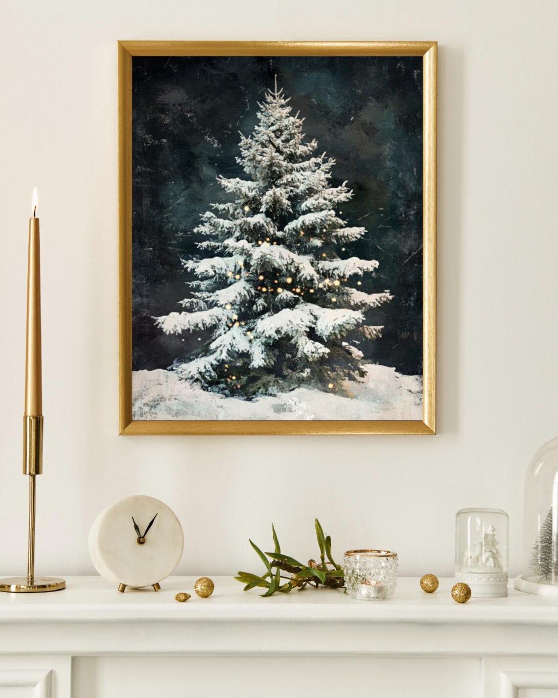 Snow Covered Christmas Tree Warm Lights Dark Vintage Style Art Print - Image 4