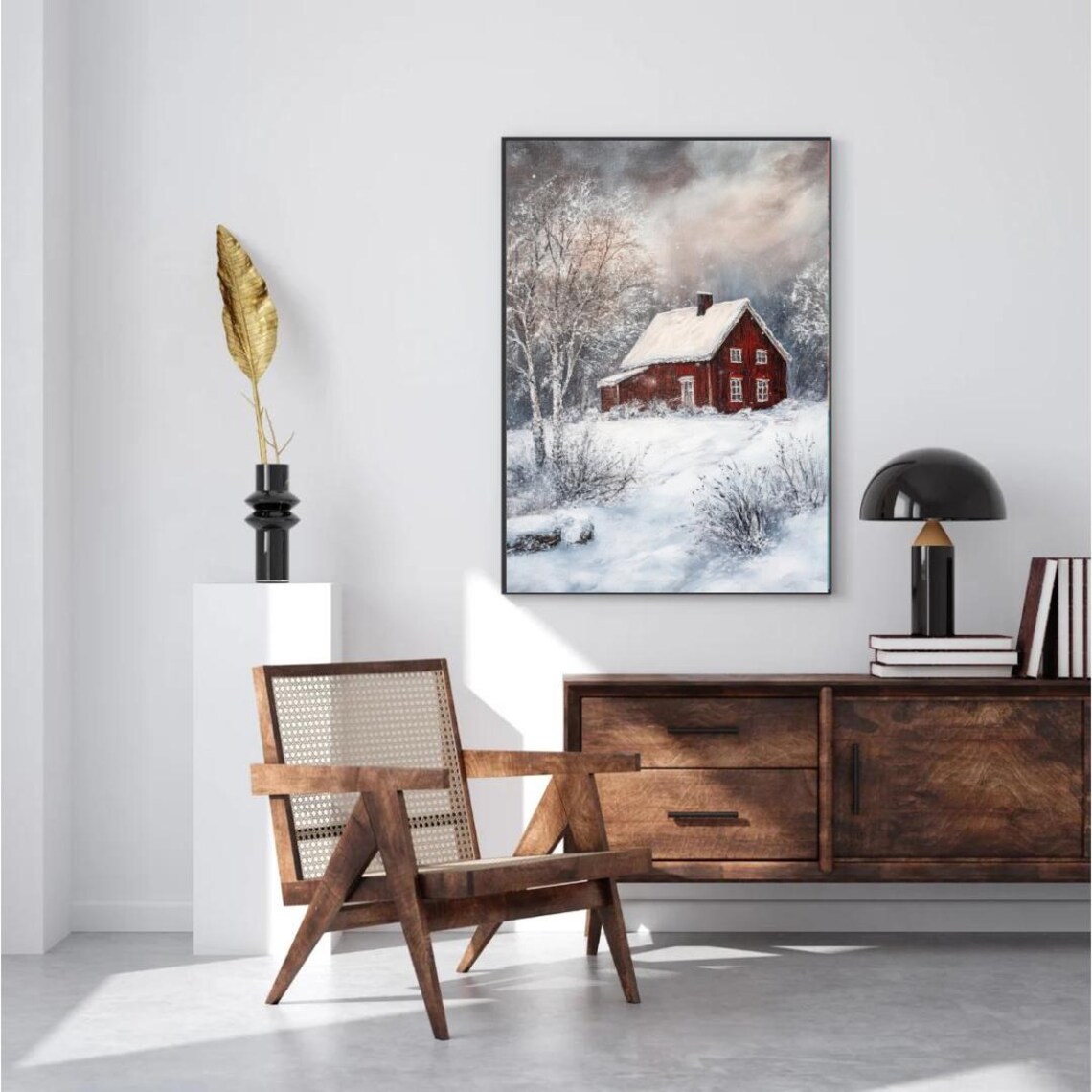 Red Farmhouse In Snow Vintage Winter Landscape Oil Painting Poster - Image 2