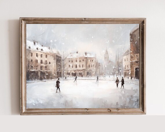 Ice Skaters On Frozen Pond Snowy Village Vintage Winter Scene Poster
