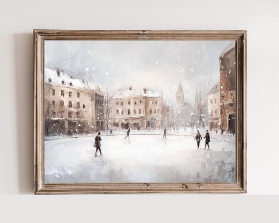 Ice Skating Print Rustic Winter Skating Rink Vintage Moody Winter Painting Vintage Wall Art Unique Home Decor