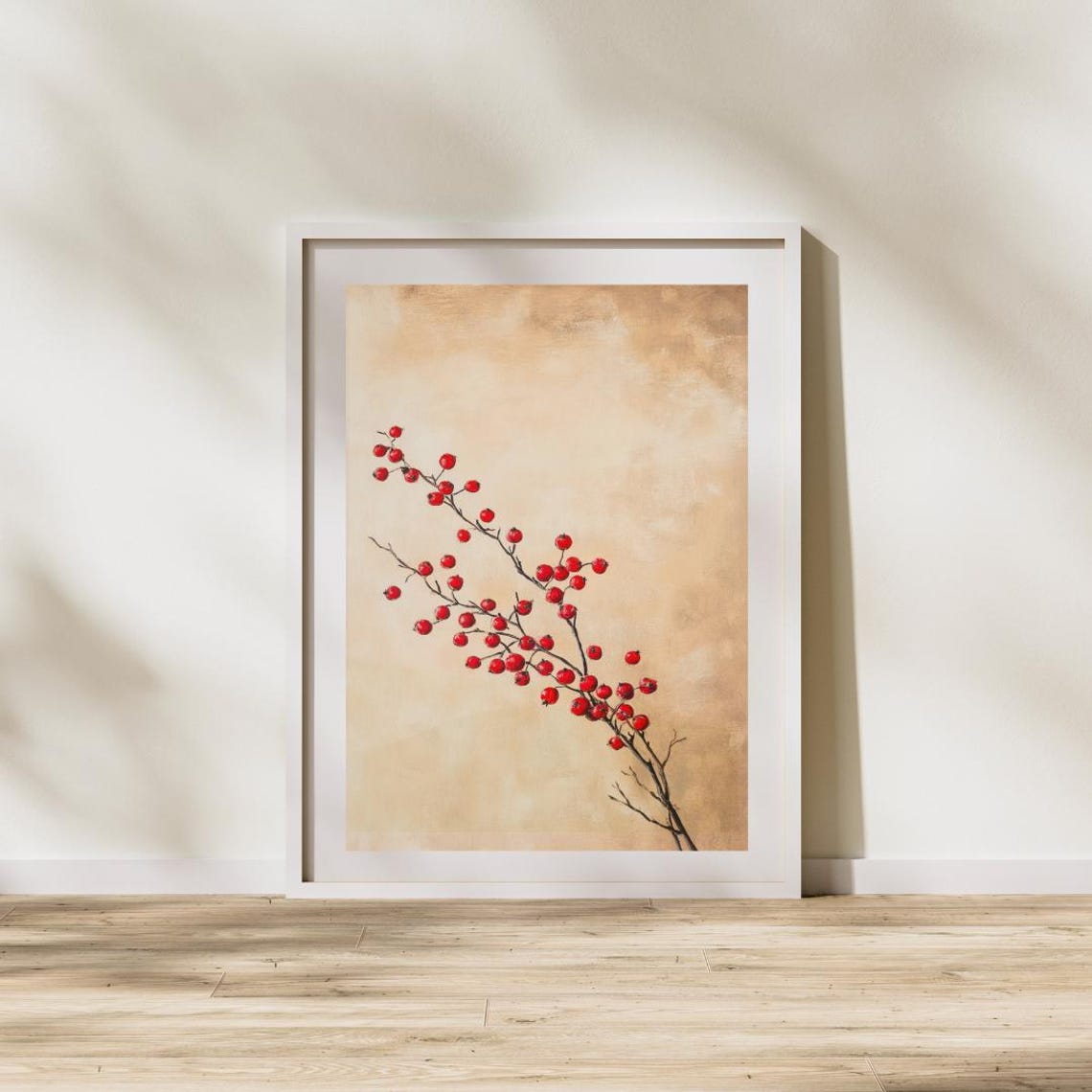 Red Winter Berry Branch Botanical Study Beige Background Art Print - Image 3