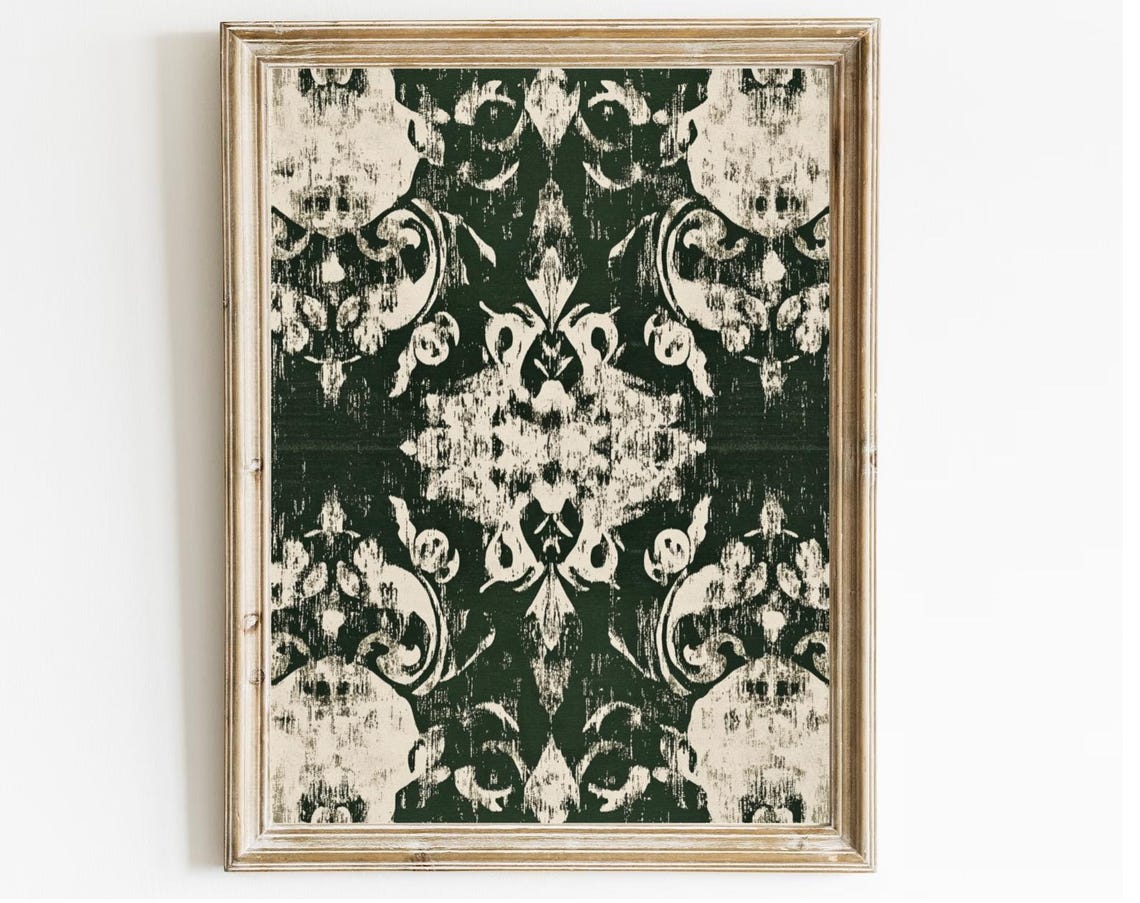 Dark Green Damask Vintage Textile Pattern Elegant Holiday Art Print