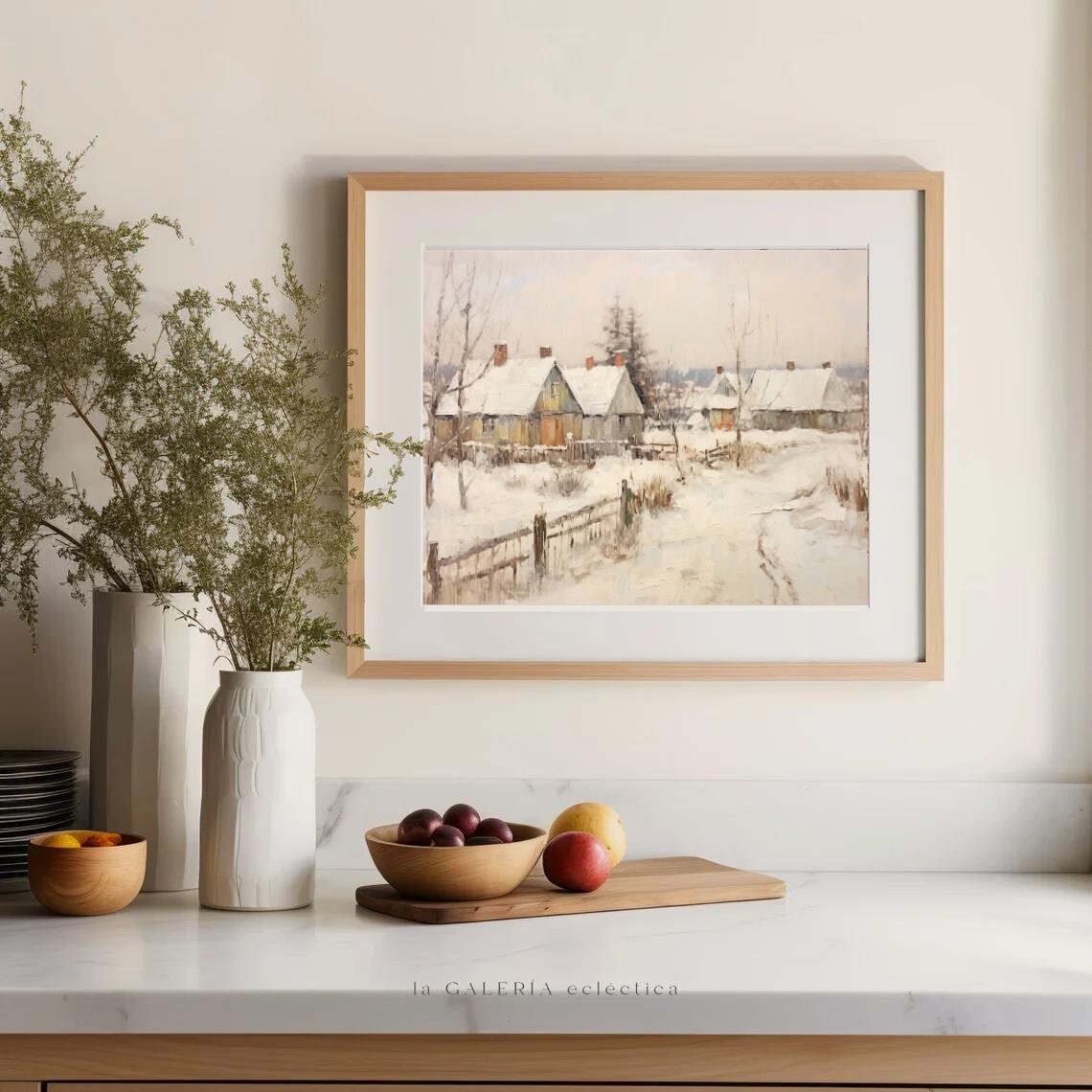 Snowy Village Cottages Wooden Fence Rustic Winter Scene Poster - Image 3