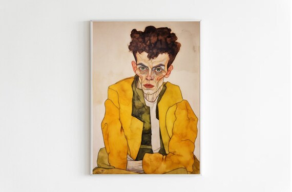 Egon Schiele Inspired Expressionist Portrait Yellow Jacket Wall Art