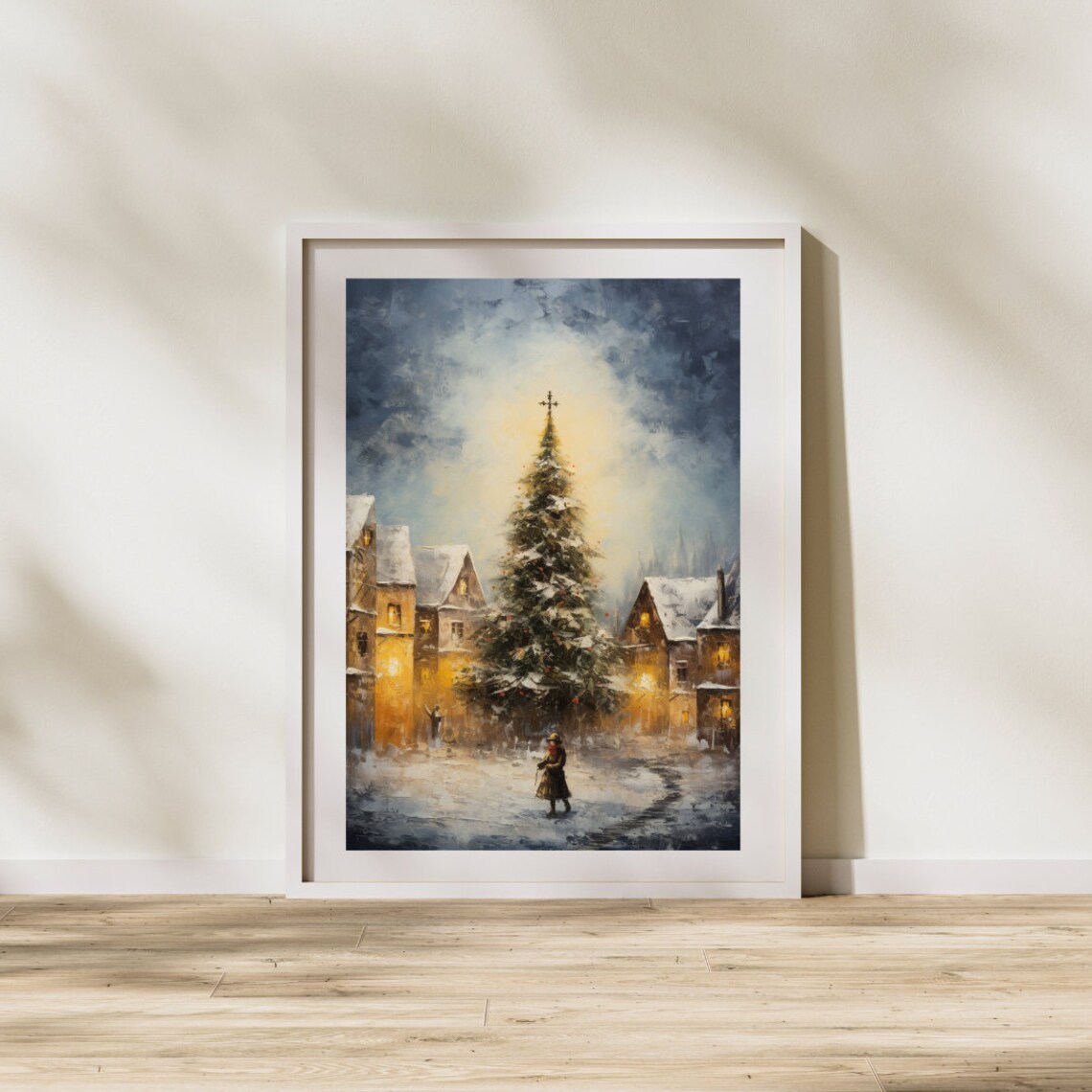Village Square Christmas Tree Snowy Night Oil Painting Poster - Image 2