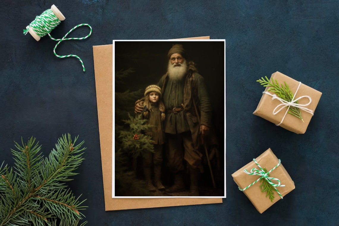 Vintage Christmas Print Father Christmas With Little Girl Santa Claus Holiday Decor Vintage Holiday Oil Painting Farm House Christmas - Image 4