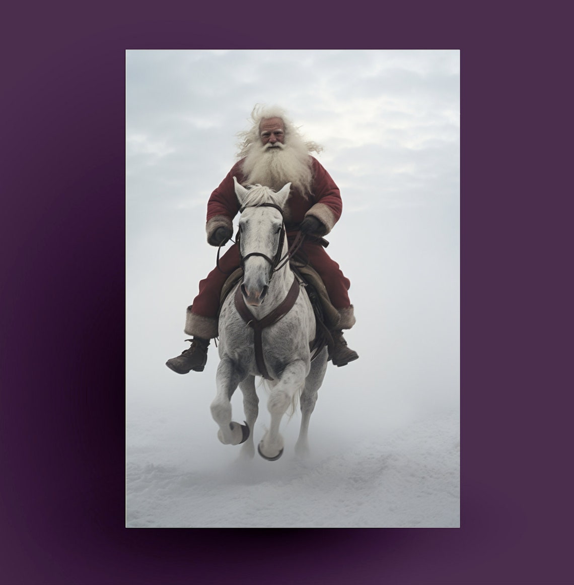 Santa Claus Riding White Horse Snow Dramatic Christmas Art Print - Image 2