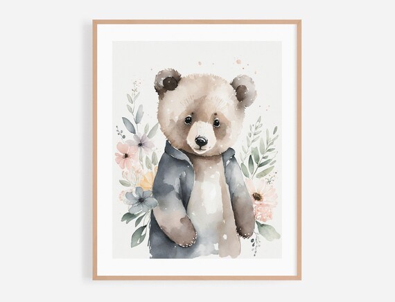 Baby Bear Cub In Blue Jacket Watercolor Floral Nursery Poster