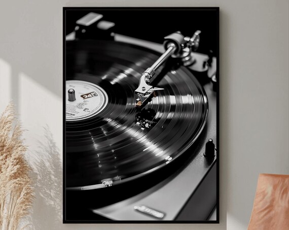 Black and White Spinning Vinyl Record Needle Drop 33 RPM Poster