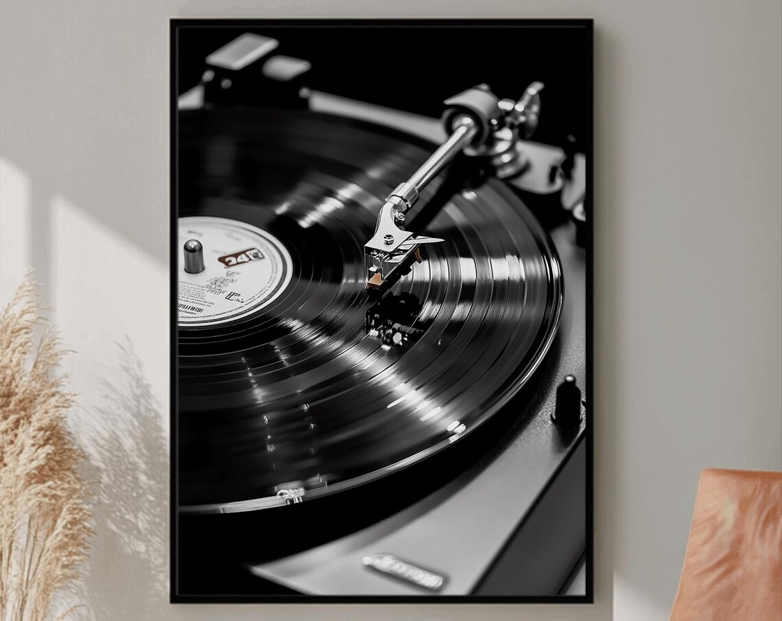 Black and White Spinning Vinyl Record Needle Drop 33 RPM Poster
