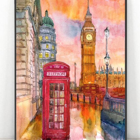 London Skyline Art Watercolor Painting Big Ben Sketch British Theme Wall Print Abstract Cityscape