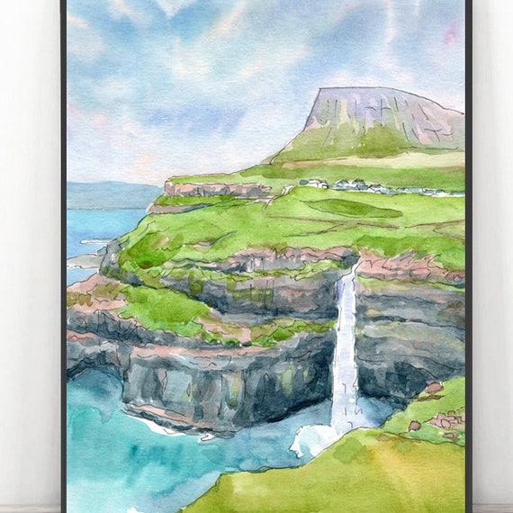 Faroe Islands Painting Denmark Wall Art Print Europe Skyline Travel Poster Watercolor Landscape